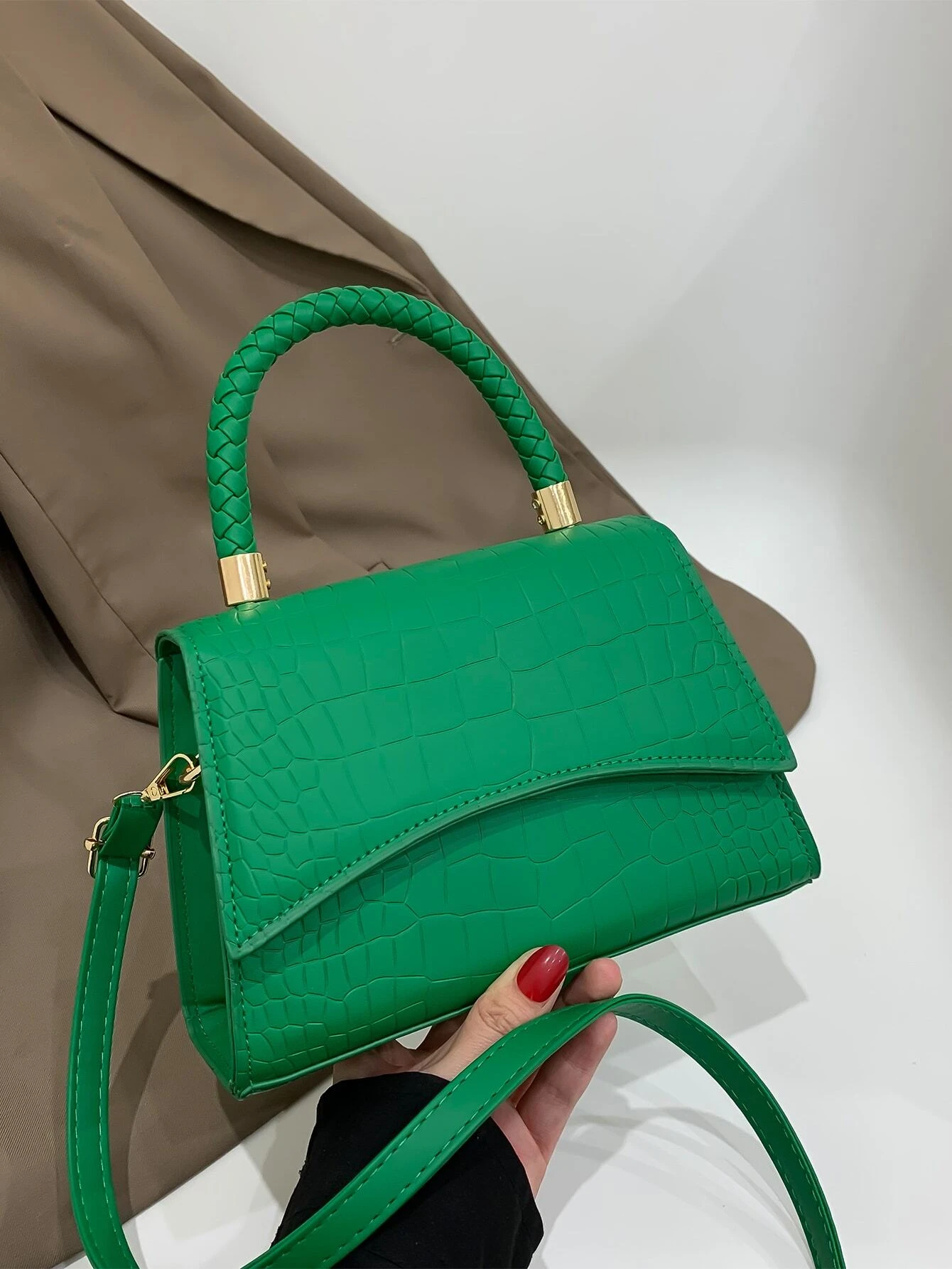Crocodile Embossed Braided Detail Flap Square Bag