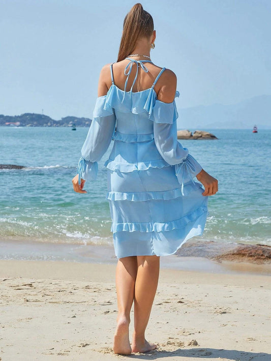 Cold Shoulder Ruffle Trim Flounce Sleeve Dress