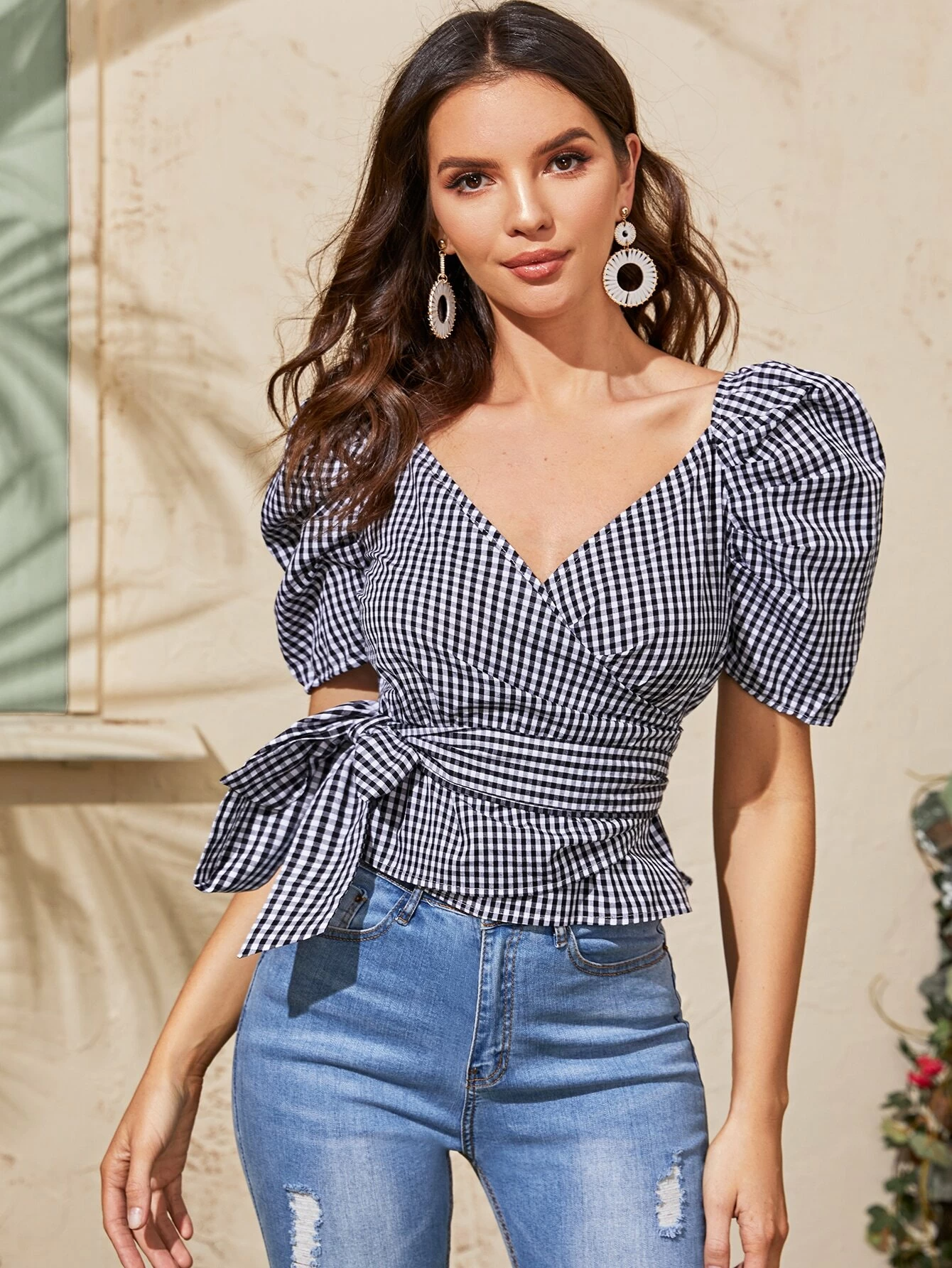 Print Belted Puff Sleeve Blouse