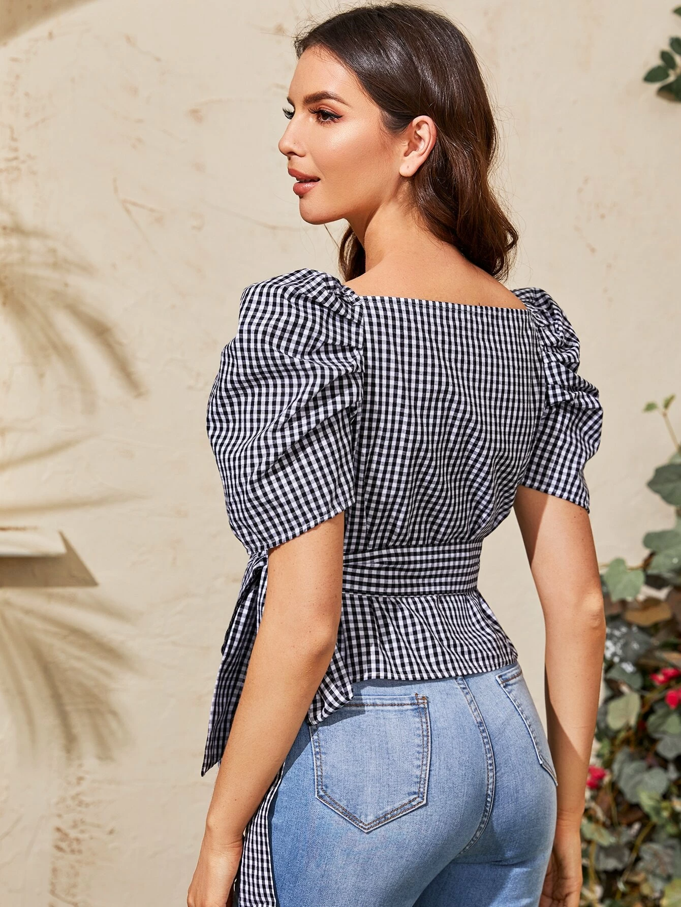Print Belted Puff Sleeve Blouse