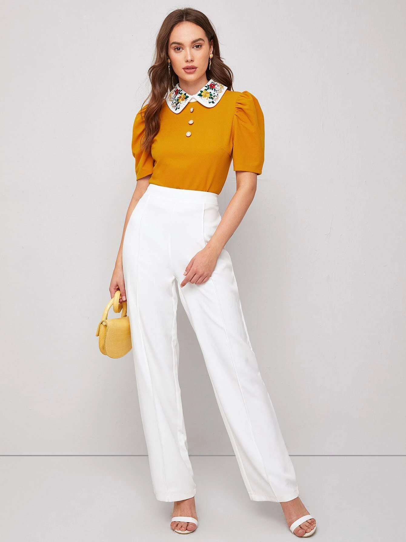 Contrast Floral Embroidered Collar Puff Sleeve Top
