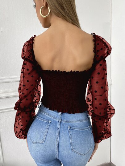 Mesh Sleeve Shirred Frill Top