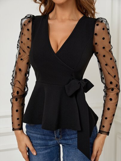 Dobby Mesh Sleeve Belted Top
