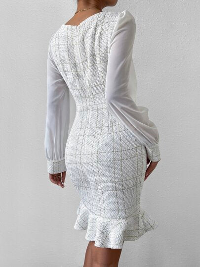 Tweed Square Neck Puff Sleeve Mermaid Hem Dress