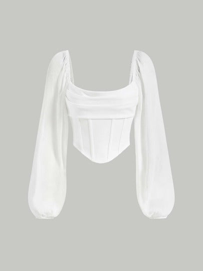 Lantern Sleeve White Long Sleeves Top