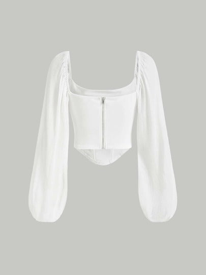 Lantern Sleeve White Long Sleeves Top