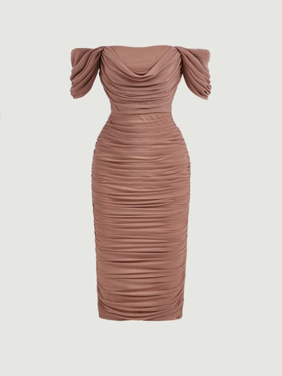 Off Shoulder Ruched Mesh Bodycon Dress