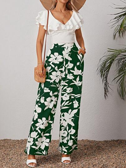 Ruffle Trim Top & Floral Print Pants