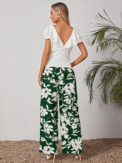 Ruffle Trim Top & Floral Print Pants
