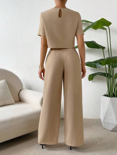 Solid Crop Blouse & Wide Leg Pants