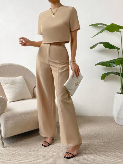 Solid Crop Blouse & Wide Leg Pants