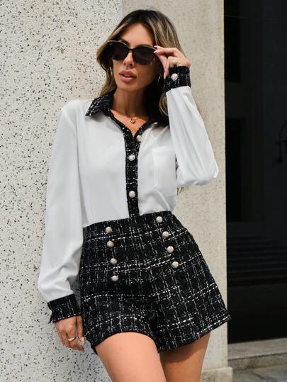 Contrast Trim Shirt & Plaid Print Shorts