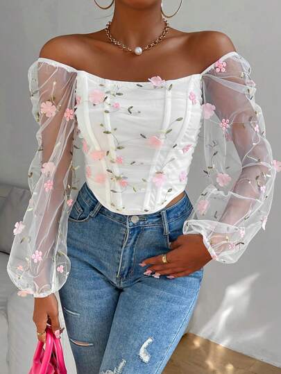 Off Shoulder Lantern Sleeve Curved Hem Top