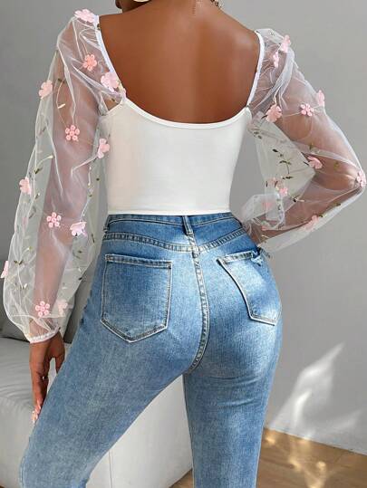 Off Shoulder Lantern Sleeve Curved Hem Top