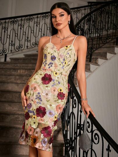Embroidery Mesh Spaghetti Strap Dress