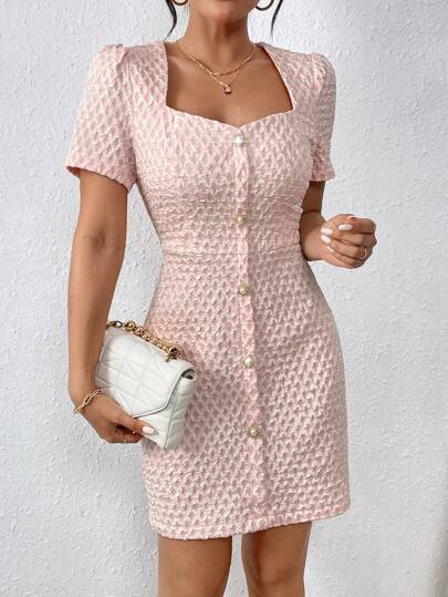 Embossed Waist-Cinching Sweetheart Collar Dress