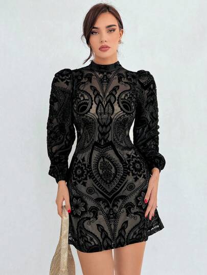Gathered Waist Elegant Puff Sleeve Dress