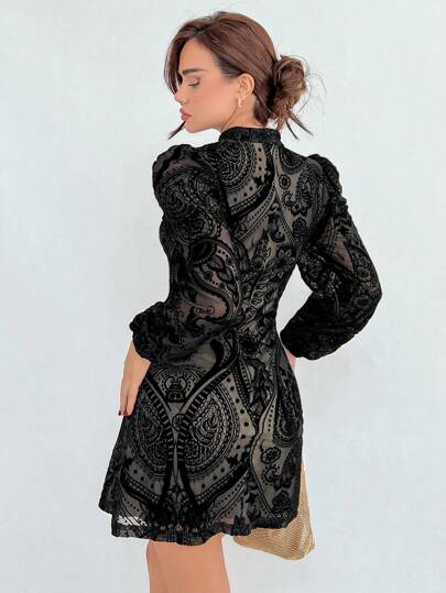 Gathered Waist Elegant Puff Sleeve Dress