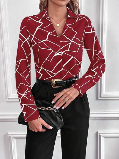 Geometric Pattern Long Sleeve Blouse
