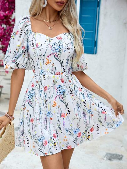 Floral Printed Lantern Sleeve Dress