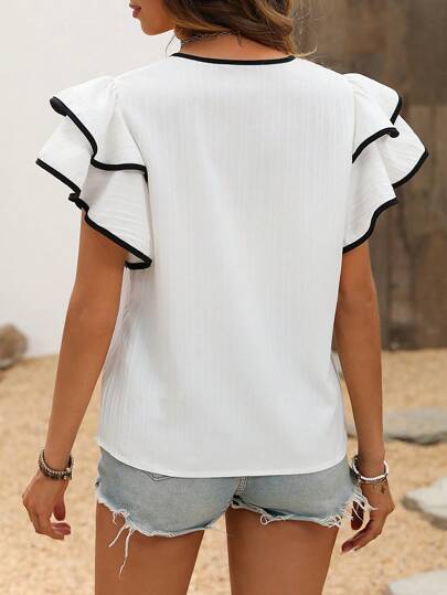 V-Neck Ruffle Short Sleeve Blouse