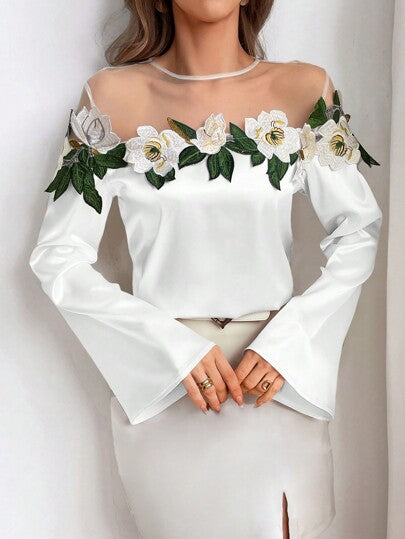 Floral Embroidery & Net Yarn Splicing Flared Sleeve Blouse