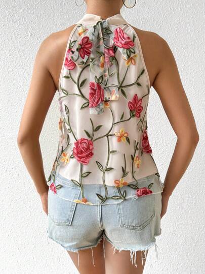 Floral Embroidered Mesh Halter Neck Blouse