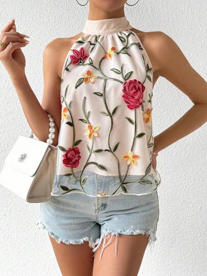 Floral Embroidered Mesh Halter Neck Blouse