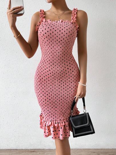 Printed Strappy Dress With Ruffle Hem
