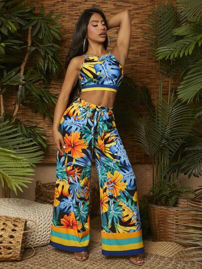 Loose Pants Yellow Blue Botanical Flower Print Women's Jumpsuit