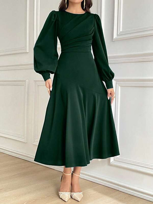 Women's Solid Color Round Neck Lantern Sleeve Pleated Elegant Mid-Length Dress