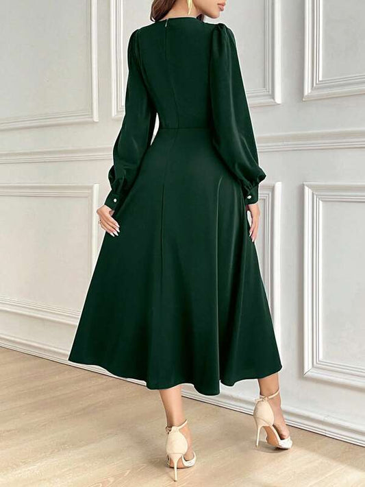 Women's Solid Color Round Neck Lantern Sleeve Pleated Elegant Mid-Length Dress