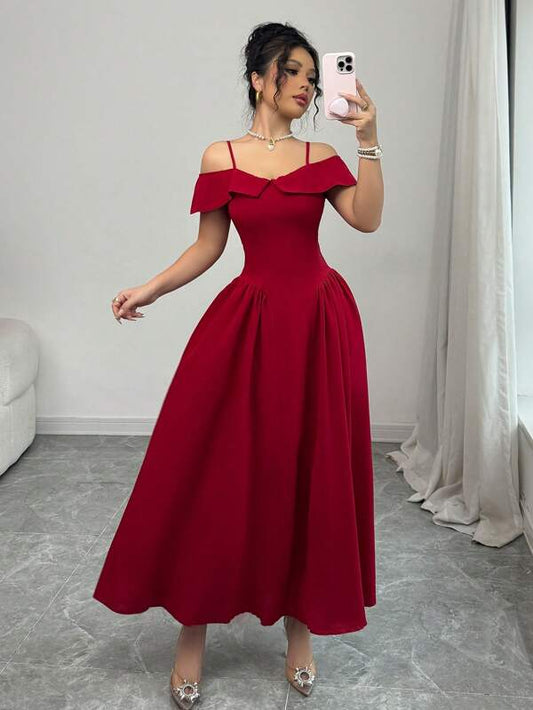 Women's Elegant Woven Red Cinched Waist Off Shoulder A-Line Dress