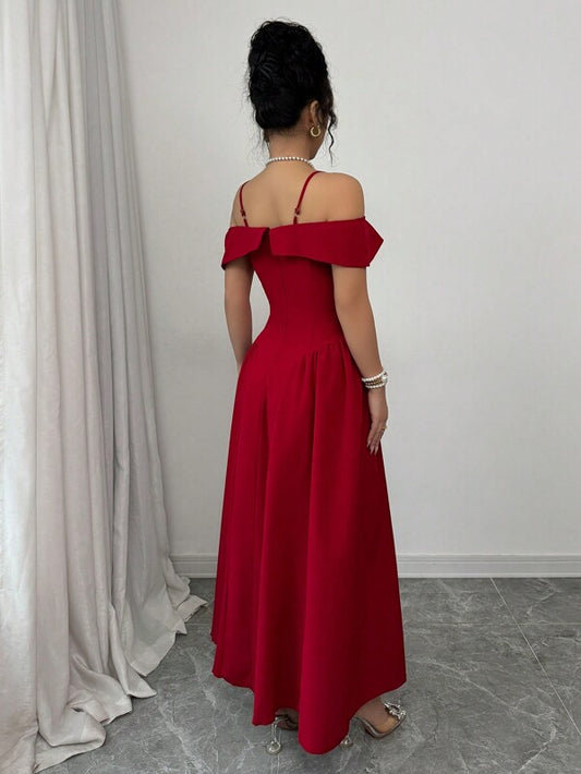 Women's Elegant Woven Red Cinched Waist Off Shoulder A-Line Dress
