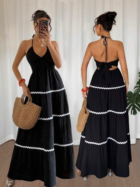 Women's Casual Resort Style Spaghetti Strap High Low Ruched Trim Backless Long Dress