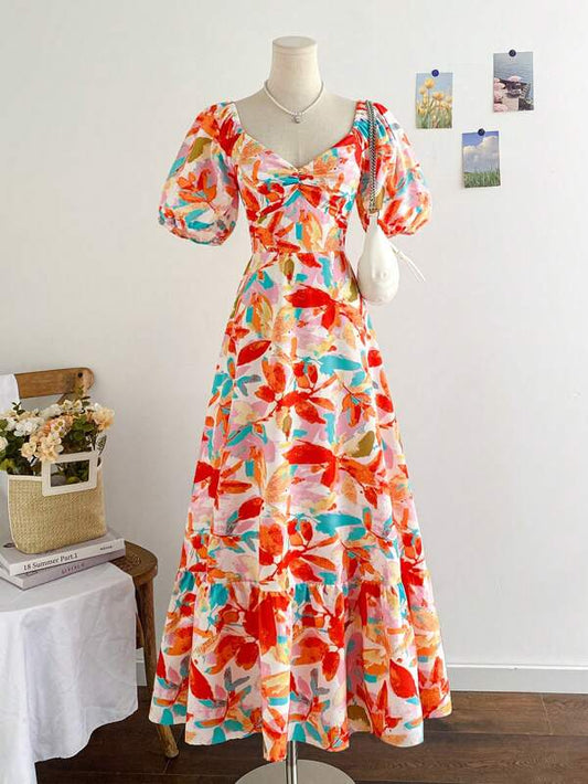 Colorful Floral Print Puff Sleeve Ruffle Hem Dress
