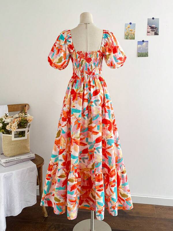 Colorful Floral Print Puff Sleeve Ruffle Hem Dress