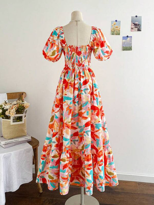 Colorful Floral Print Puff Sleeve Ruffle Hem Dress