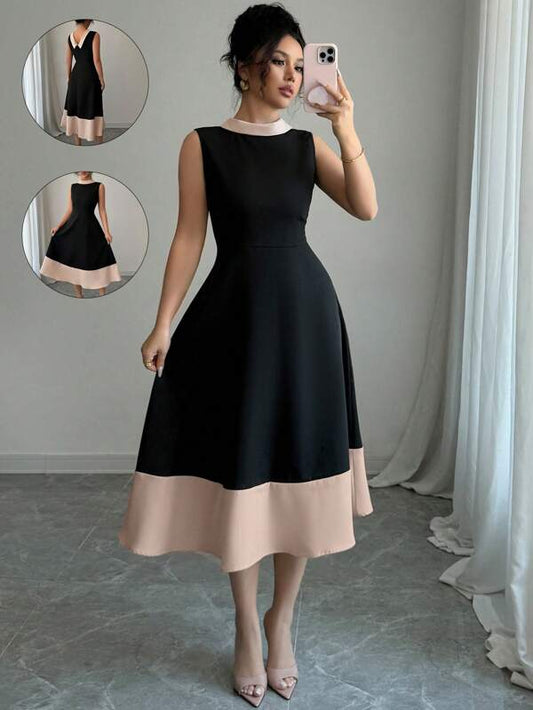 Sleeveless V-Neck Backless Spliced Hem A-Line Dress