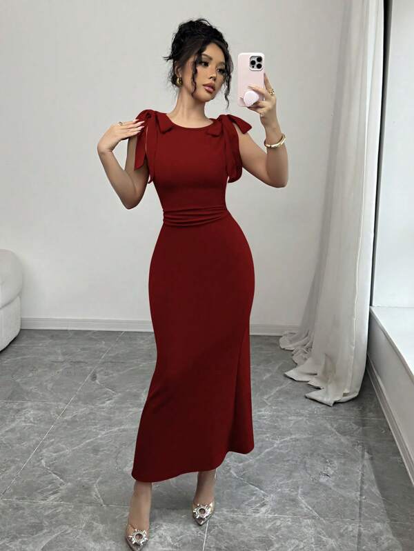 Bowknot Strap Bodycon Waist Ruched Fishtail Mini A-Line Long Dress