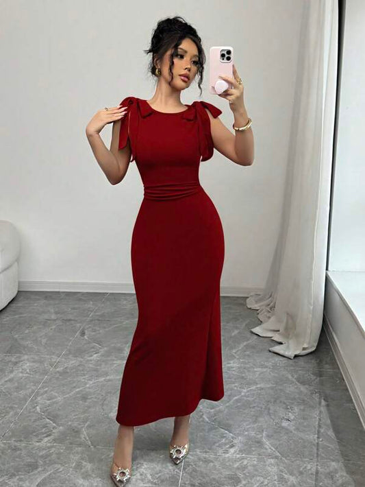 Bowknot Strap Bodycon Waist Ruched Fishtail Mini A-Line Long Dress