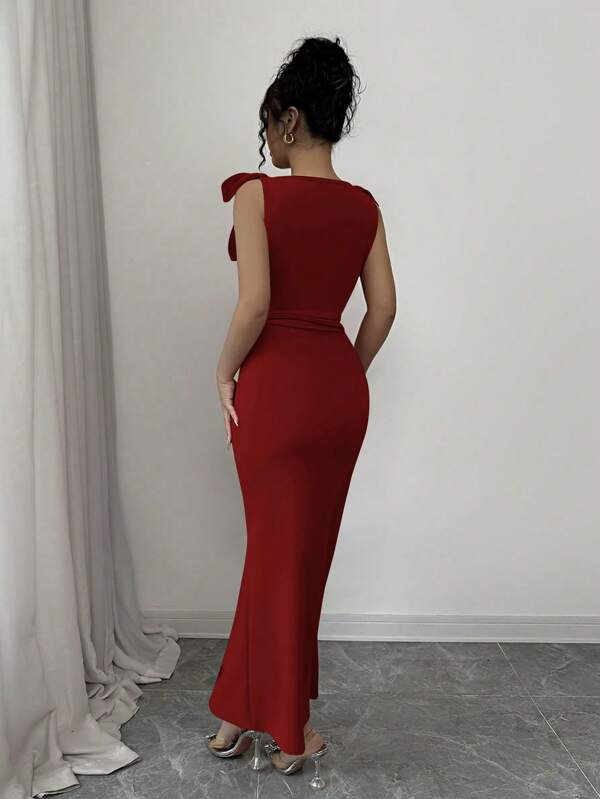 Bowknot Strap Bodycon Waist Ruched Fishtail Mini A-Line Long Dress