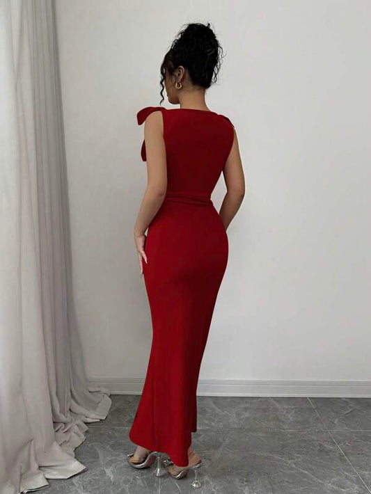 Bowknot Strap Bodycon Waist Ruched Fishtail Mini A-Line Long Dress