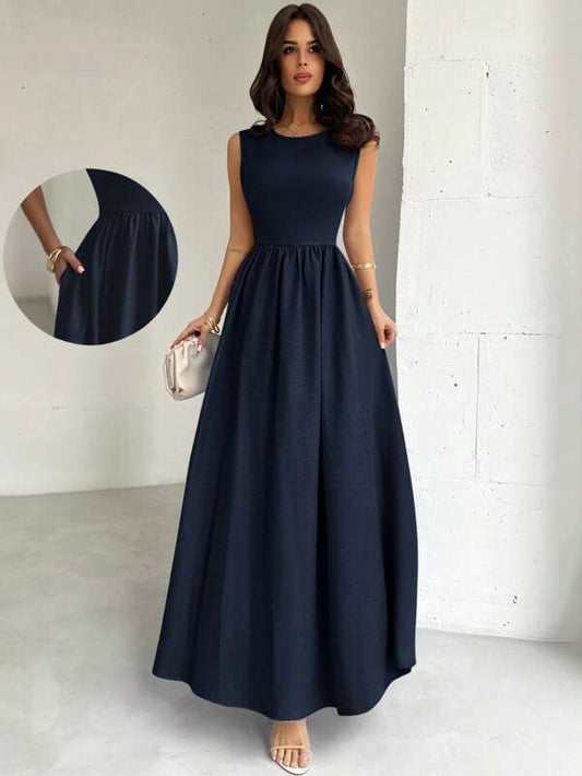 Blue Waist Gathered A-Line Maxi Dress