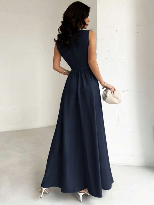 Blue Waist Gathered A-Line Maxi Dress