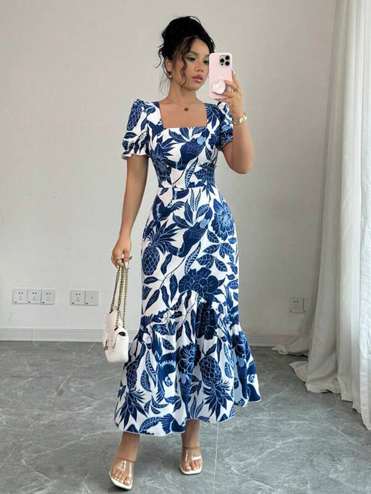 Square Neck Short Sleeve Floral Print Ruffle Hem Casual Dress