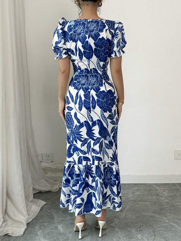 Square Neck Short Sleeve Floral Print Ruffle Hem Casual Dress