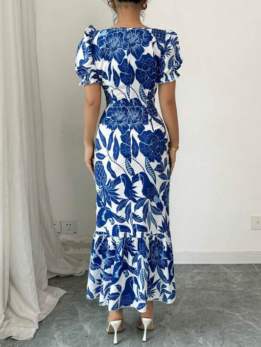 Square Neck Short Sleeve Floral Print Ruffle Hem Casual Dress