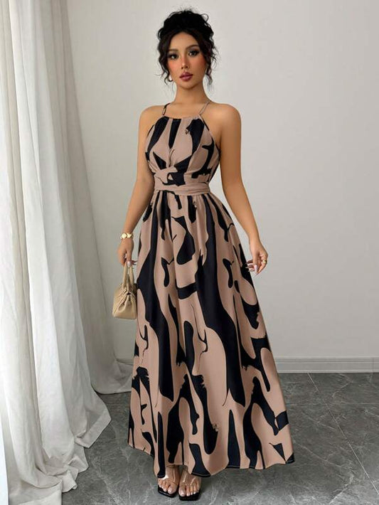 Women's Elegant Halter Neck Cold Shoulder Ruched Twist Design Colorblock Asymmetrical Floral Print A-Line Maxi Dress