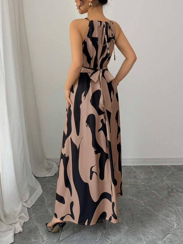 Women's Elegant Halter Neck Cold Shoulder Ruched Twist Design Colorblock Asymmetrical Floral Print A-Line Maxi Dress